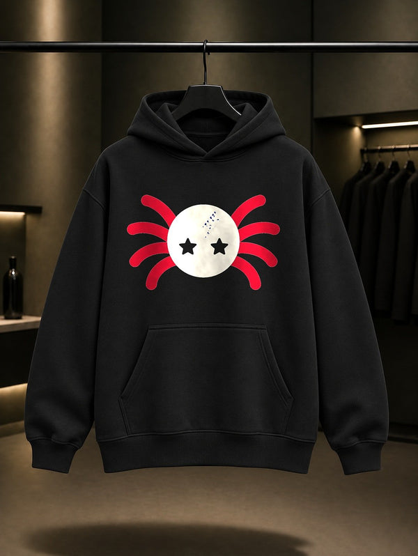Yıldız Gözlü Örümcek baskılı siyah kapüşonlu sweatshirt