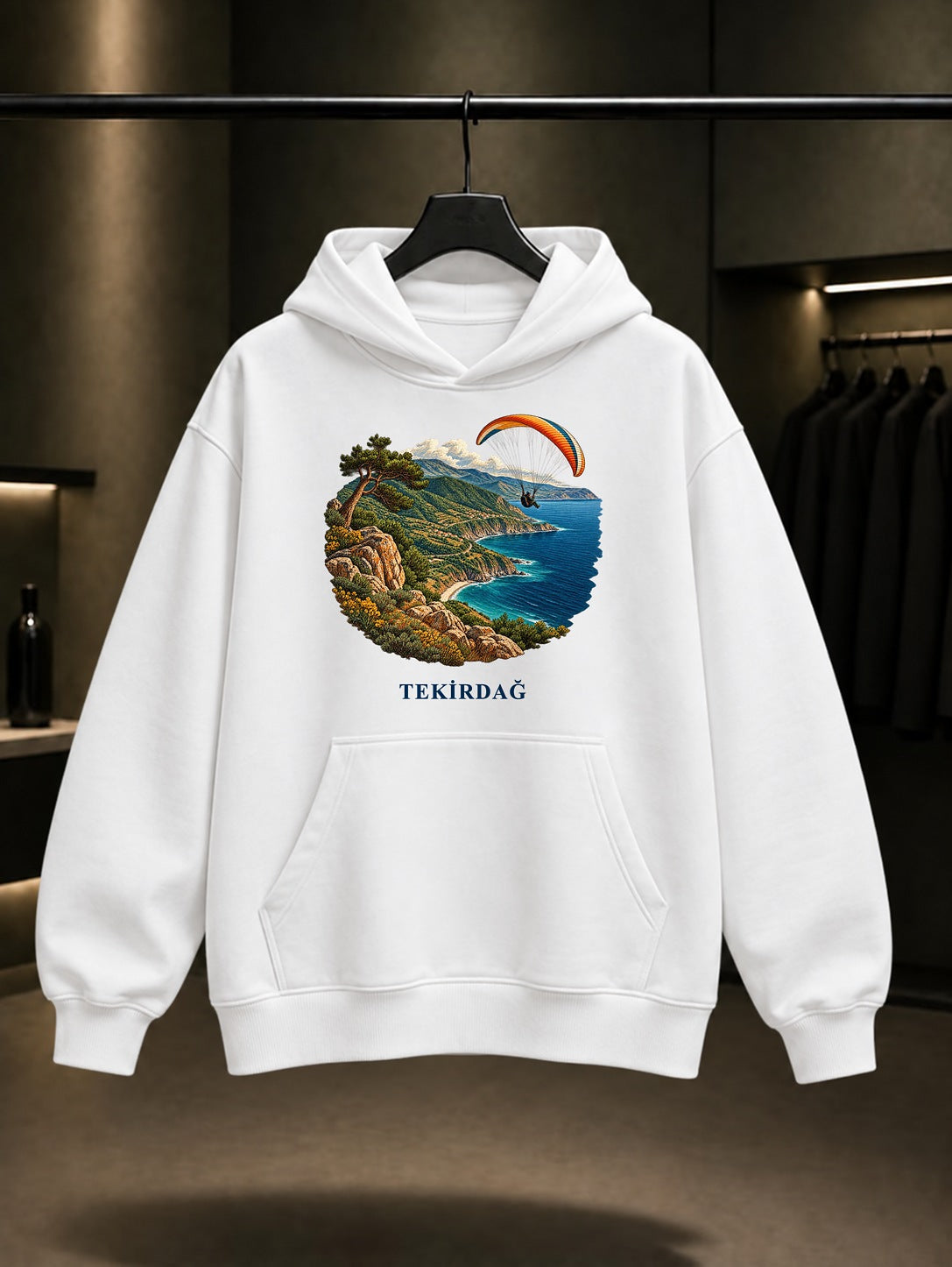 Tekirdağ Uçmakdere baskılı beyaz kapüşonlu sweatshirt