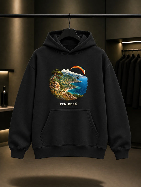 Tekirdağ Uçmakdere baskılı siyah kapüşonlu sweatshirt