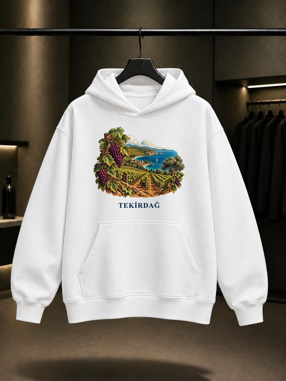 Tekirdağ Şarköy Bağları baskılı beyaz kapüşonlu sweatshirt