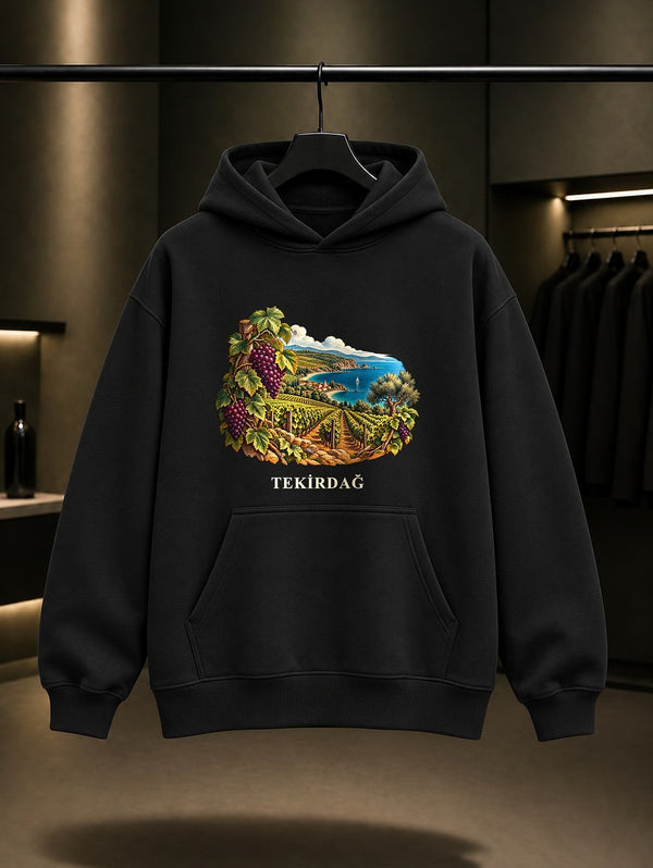 Tekirdağ Şarköy Bağları baskılı siyah kapüşonlu sweatshirt