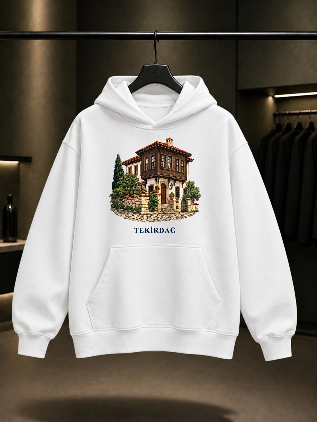Tekirdağ Rakoczi Evi baskılı beyaz kapüşonlu sweatshirt