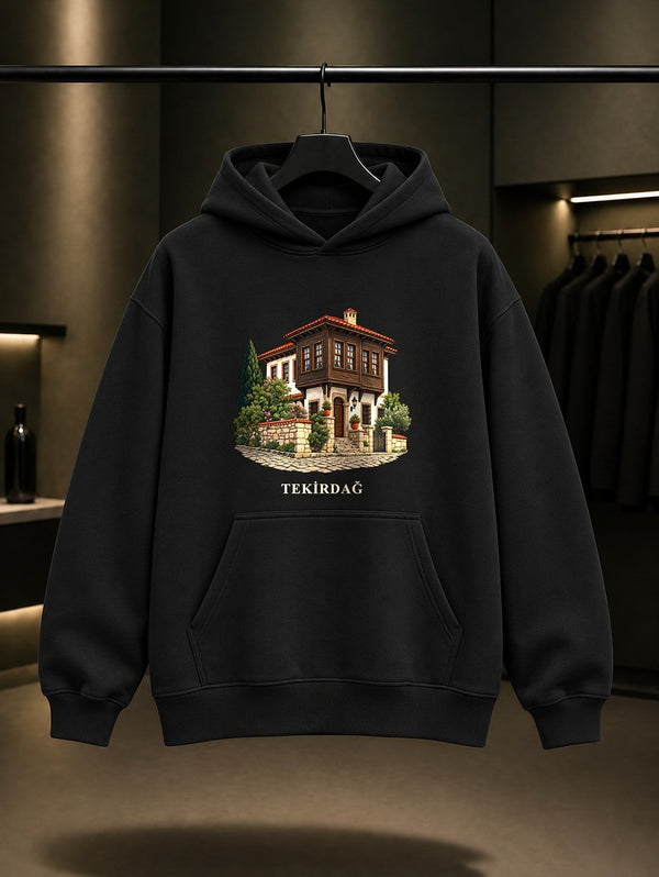 Tekirdağ Rakoczi Evi baskılı siyah kapüşonlu sweatshirt