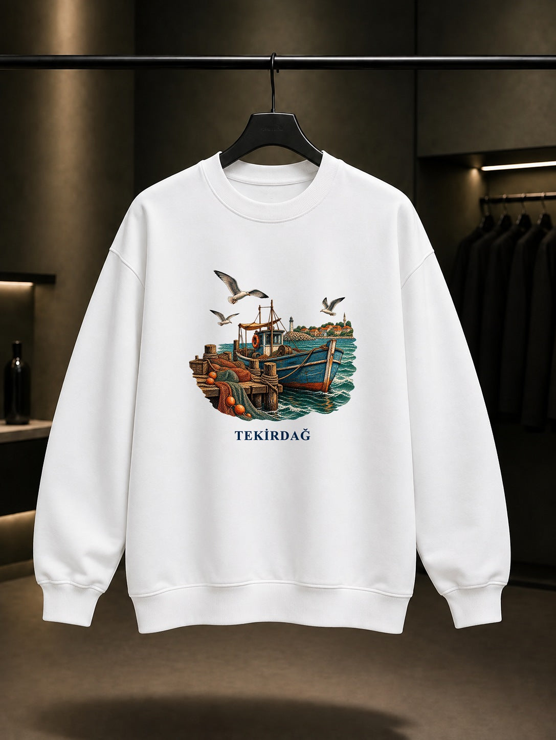 Tekirdağ Marmara Balıkçısı baskılı beyaz sweatshirt