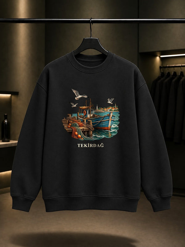 Tekirdağ Marmara Balıkçısı baskılı siyah sweatshirt