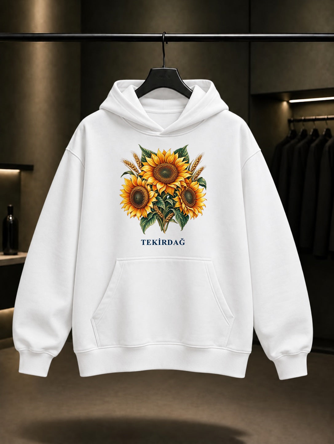 Tekirdağ Ayçiçeği baskılı beyaz kapüşonlu sweatshirt