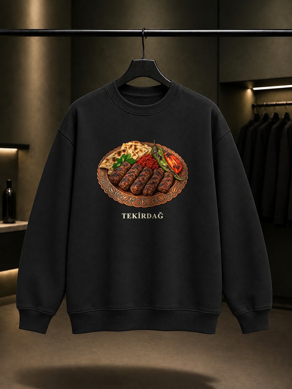 Tekirdağ Köftesi baskılı siyah sweatshirt