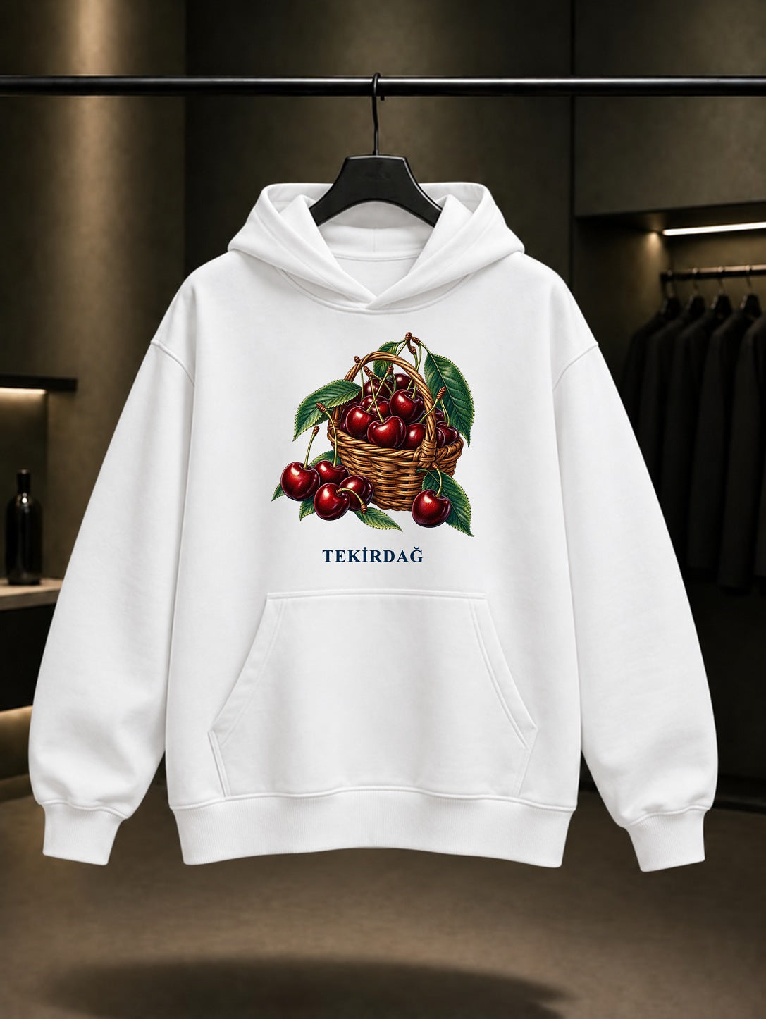 Tekirdağ Kirazı baskılı beyaz kapüşonlu sweatshirt