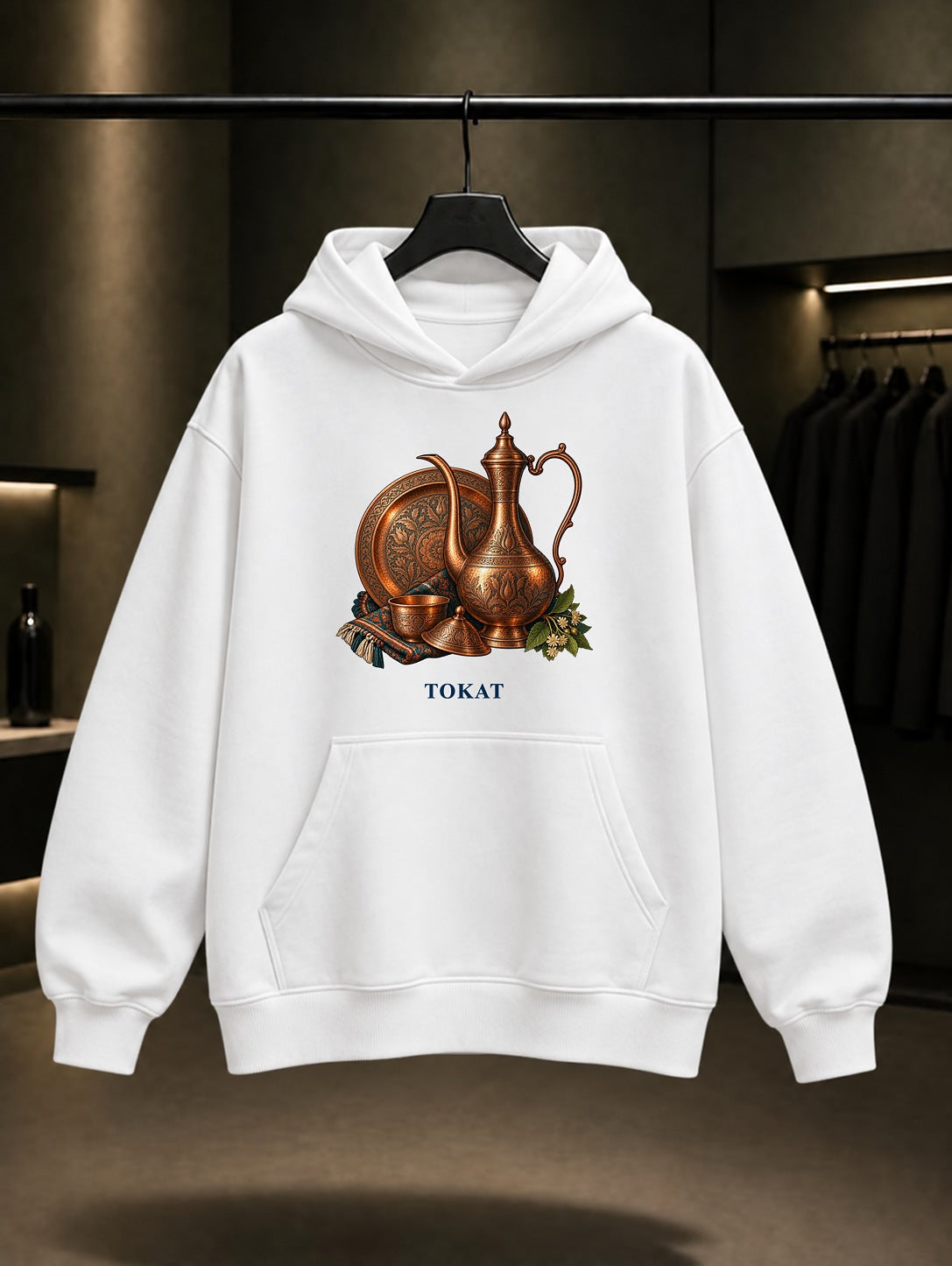 Tokat Bakır İbrik baskılı beyaz kapüşonlu sweatshirt