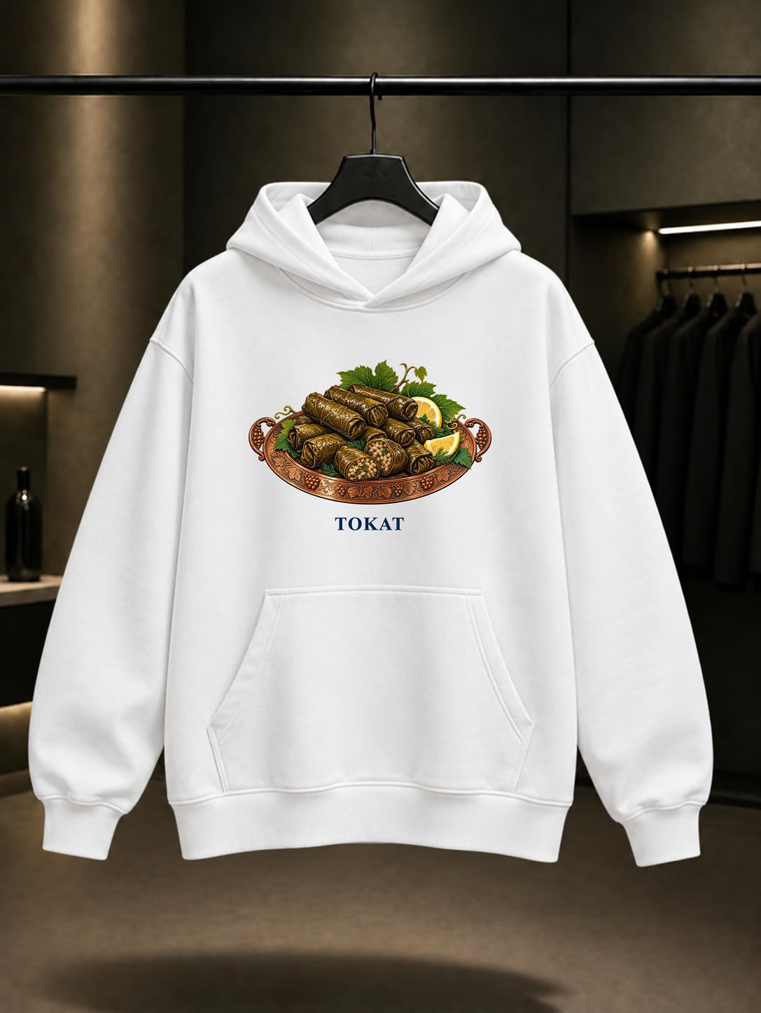 Tokat Yaprak Sarması baskılı beyaz kapüşonlu sweatshirt