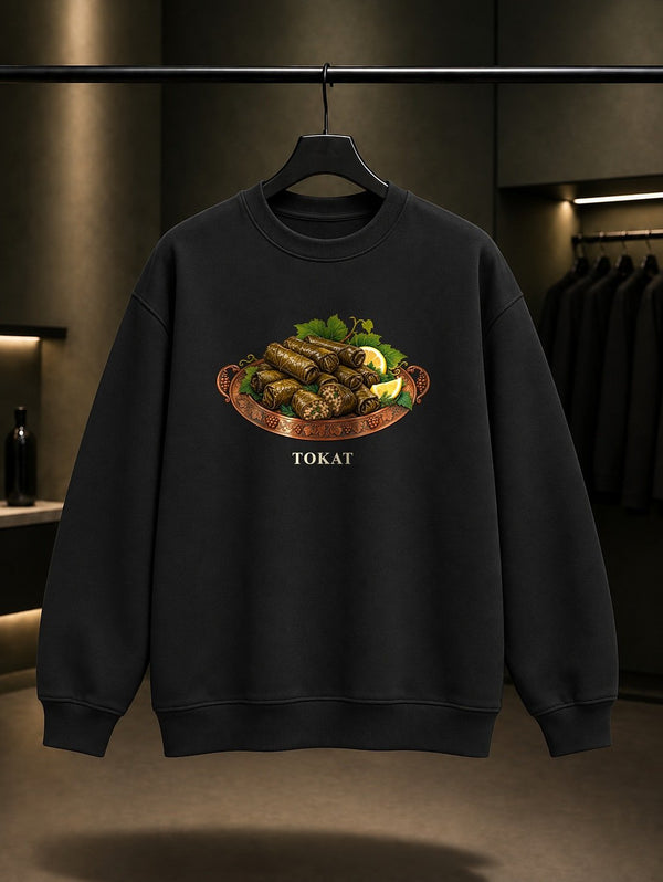Tokat Yaprak Sarması baskılı siyah sweatshirt