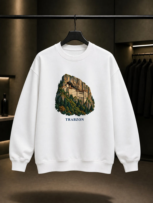 Trabzon Sümela baskılı beyaz sweatshirt