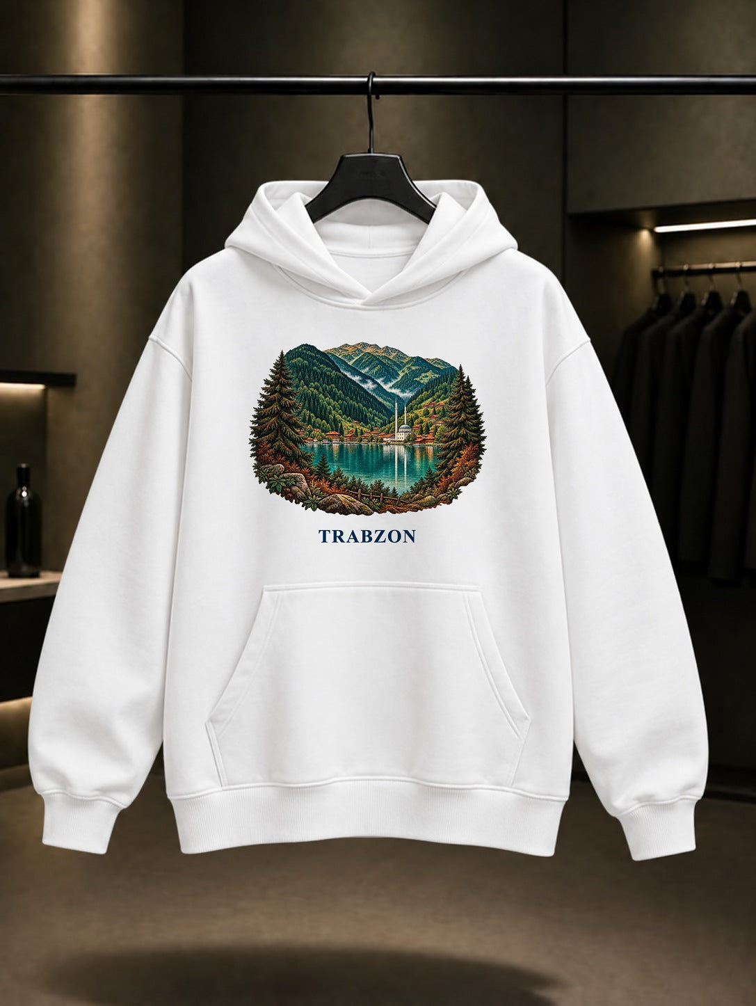 Trabzon Uzungöl baskılı beyaz kapüşonlu sweatshirt