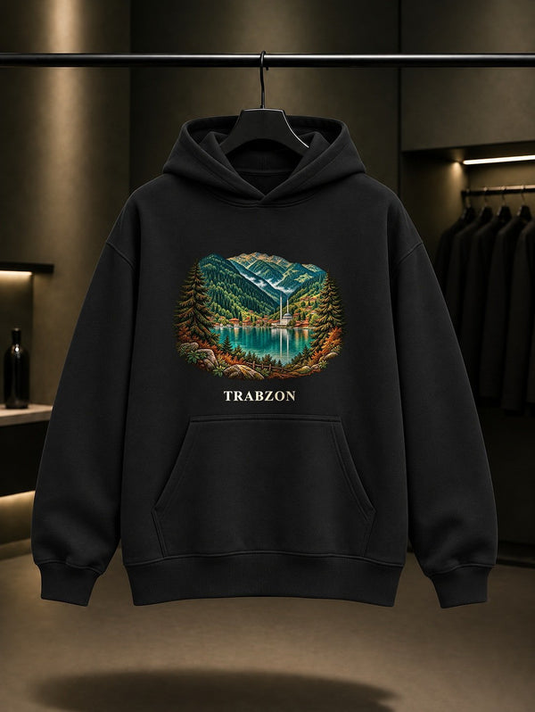 Trabzon Uzungöl baskılı siyah kapüşonlu sweatshirt