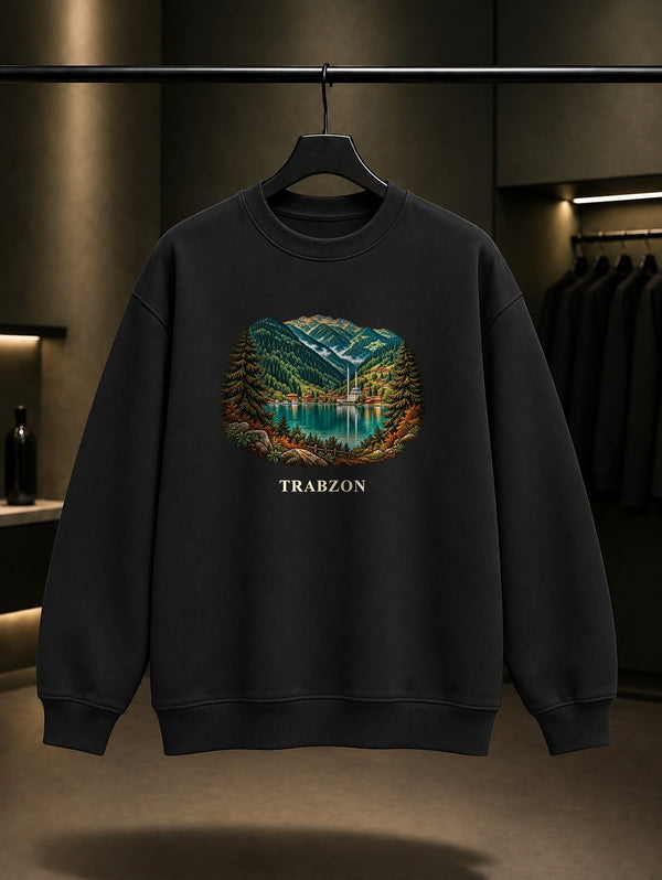 Trabzon Uzungöl baskılı siyah sweatshirt