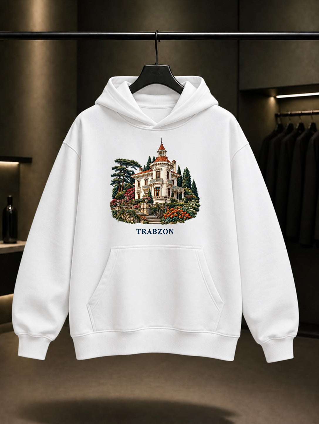 Trabzon Atatürk Köşkü baskılı beyaz kapüşonlu sweatshirt