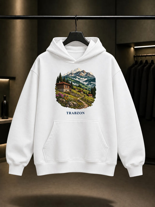 Trabzon Yayla baskılı beyaz kapüşonlu sweatshirt