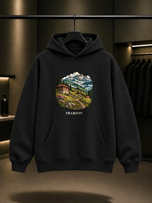 Trabzon Yayla baskılı siyah kapüşonlu sweatshirt