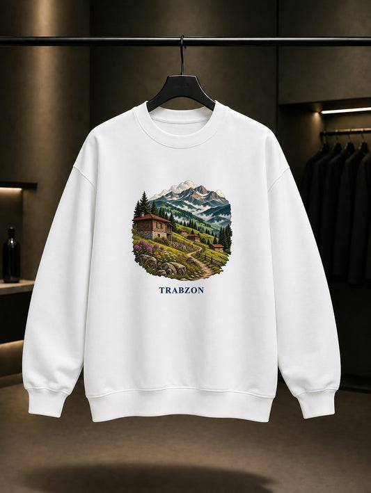 Trabzon Yayla baskılı beyaz sweatshirt