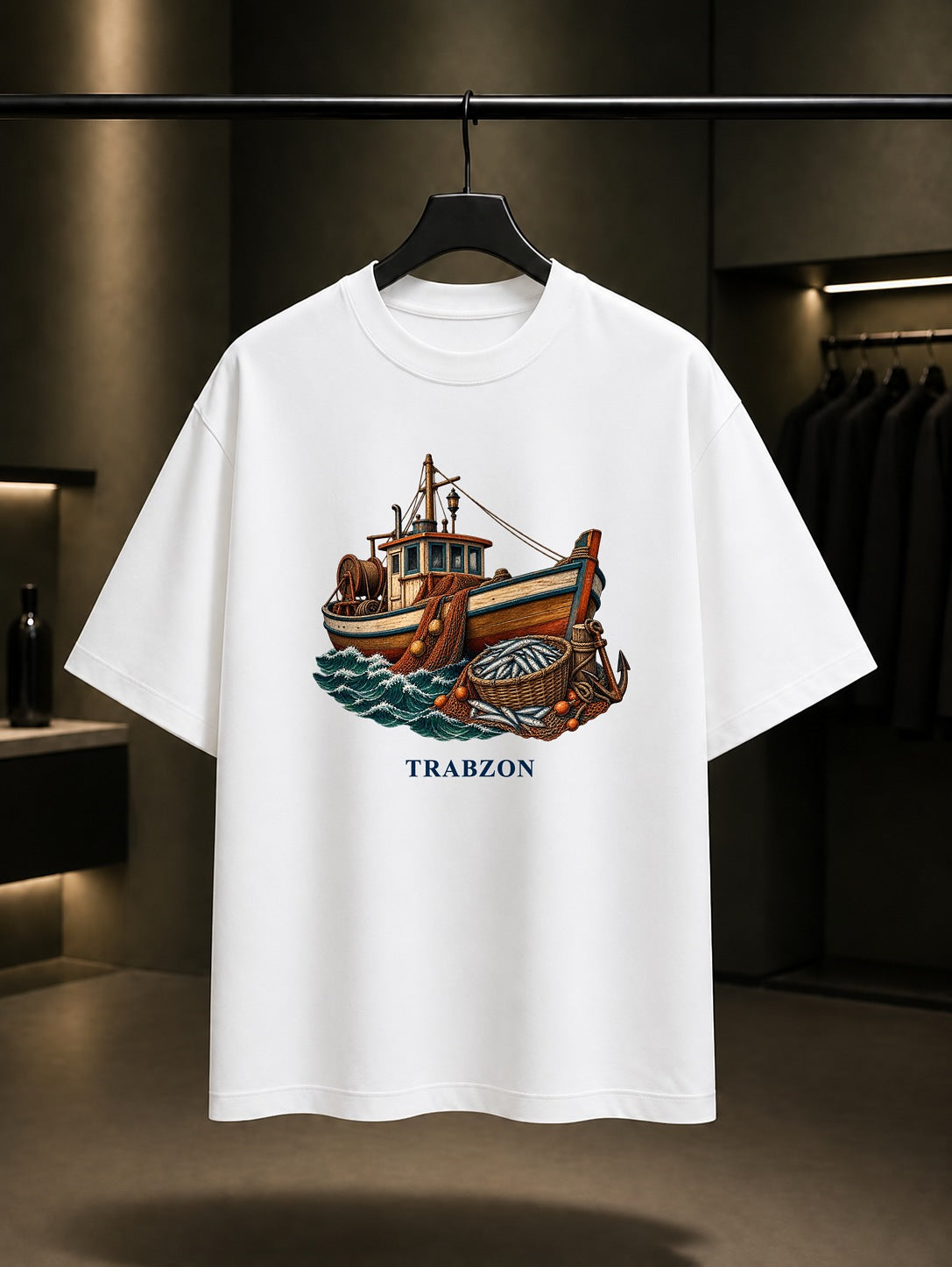 Trabzon Hamsi Teknesi baskılı beyaz t-shirt