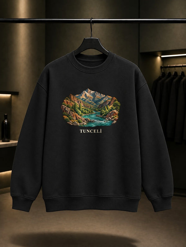 Tunceli Munzur Vadisi baskılı siyah sweatshirt