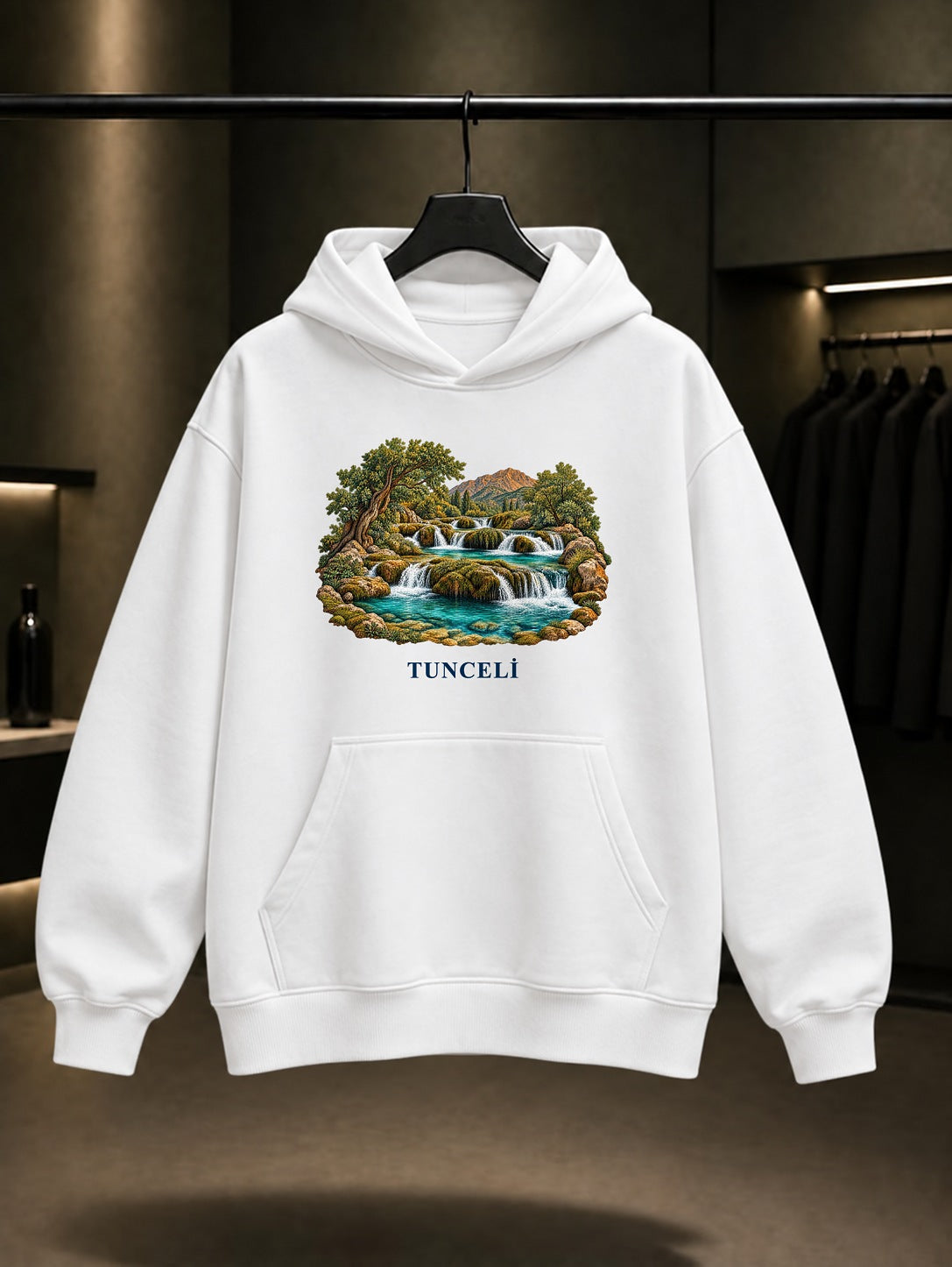 Tunceli Munzur Gözeleri baskılı beyaz kapüşonlu sweatshirt