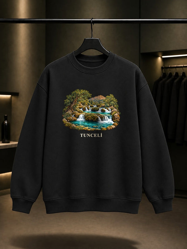 Tunceli Munzur Gözeleri baskılı siyah sweatshirt
