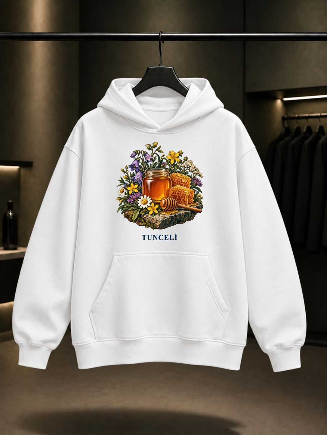 Tunceli Ovacık Balı baskılı beyaz kapüşonlu sweatshirt