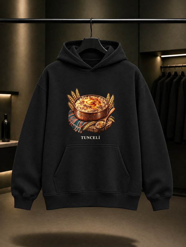 Tunceli Keşkek baskılı siyah kapüşonlu sweatshirt