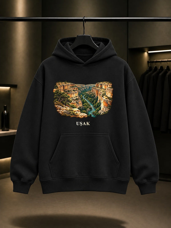 Uşak Ulubey Kanyonu baskılı siyah kapüşonlu sweatshirt