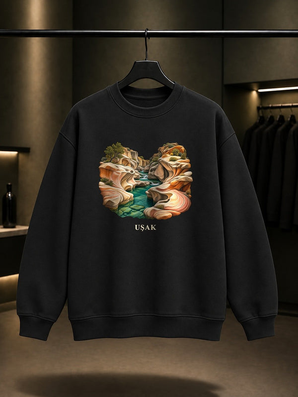 Uşak Taşyaran Vadisi baskılı siyah sweatshirt