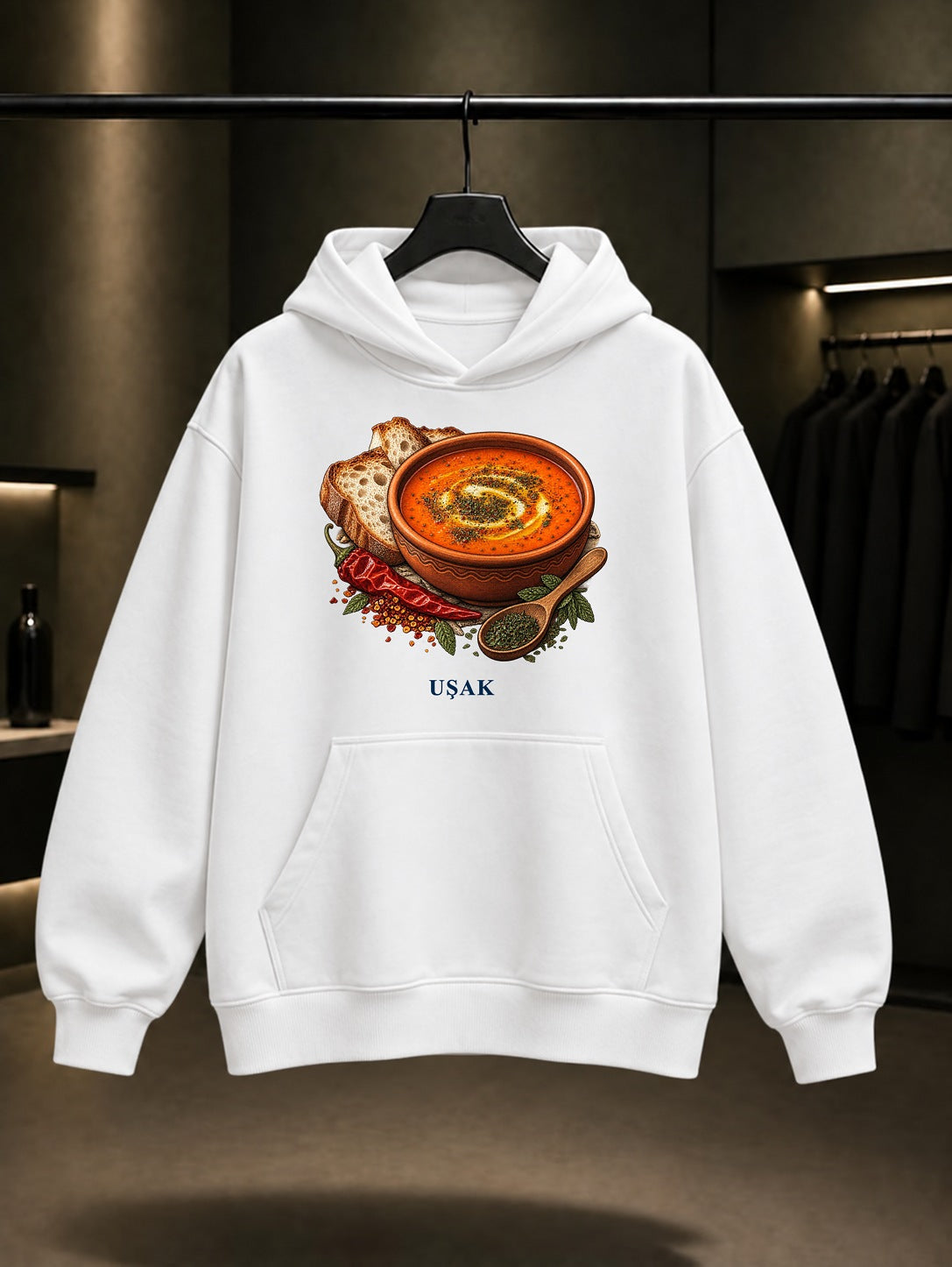 Uşak Tarhana Çorbası baskılı beyaz kapüşonlu sweatshirt
