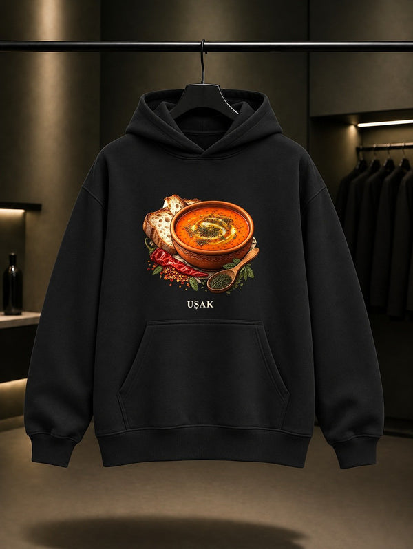 Uşak Tarhana Çorbası baskılı siyah kapüşonlu sweatshirt