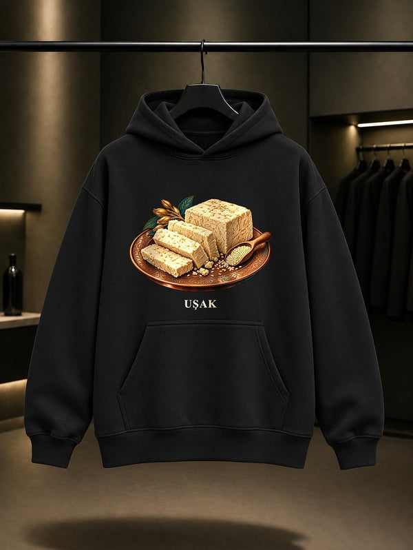 Uşak Tahin Helva baskılı siyah kapüşonlu sweatshirt