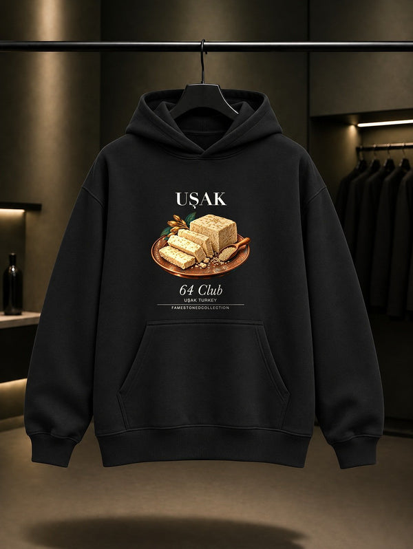Uşak Tahin Helva 64 Club baskılı siyah kapüşonlu sweatshirt