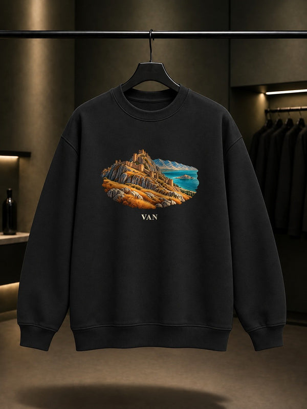 Van Kalesi baskılı siyah sweatshirt