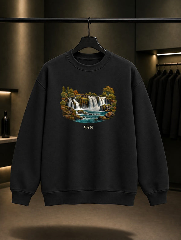 Van Muradiye Şelalesi baskılı siyah sweatshirt