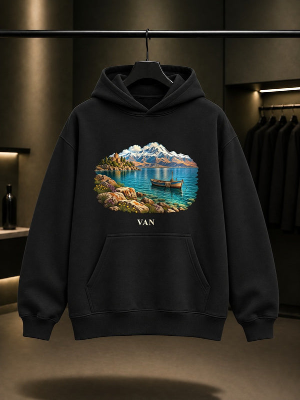 Van Gölü baskılı siyah kapüşonlu sweatshirt