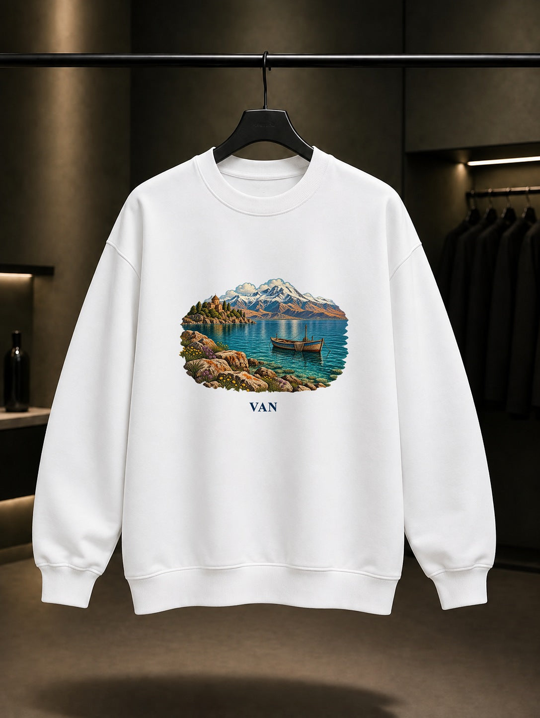 Van Gölü baskılı beyaz sweatshirt