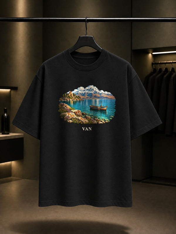 Van Gölü baskılı siyah t-shirt