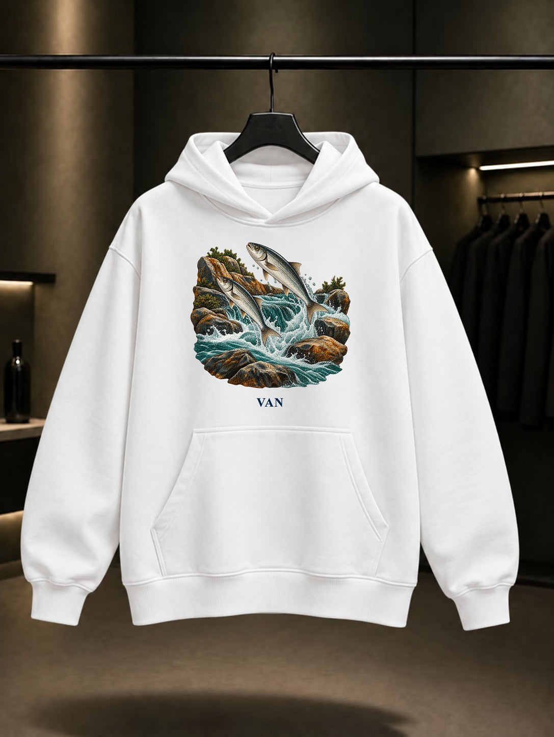 Van İnci Kefali baskılı beyaz kapüşonlu sweatshirt
