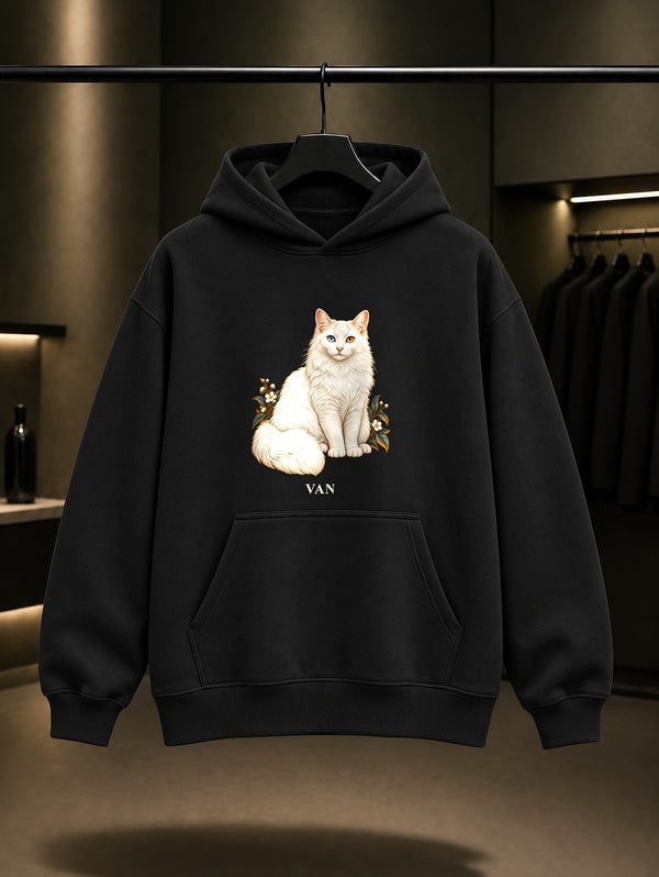 Van Kedisi baskılı siyah kapüşonlu sweatshirt