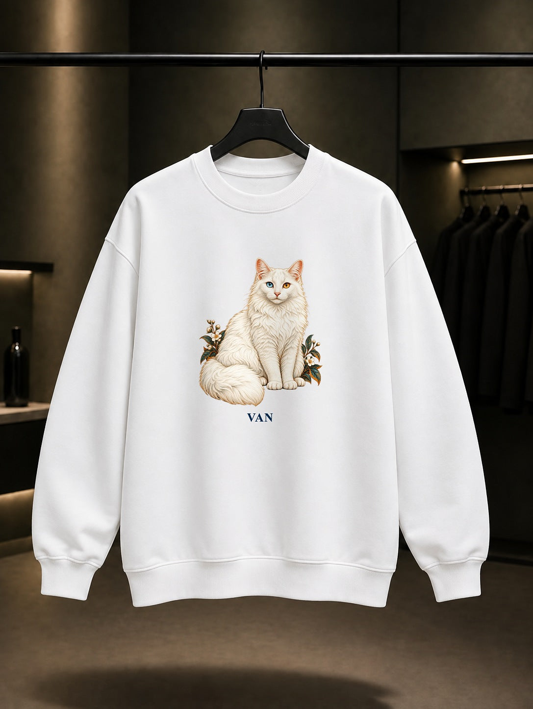 Van Kedisi baskılı beyaz sweatshirt