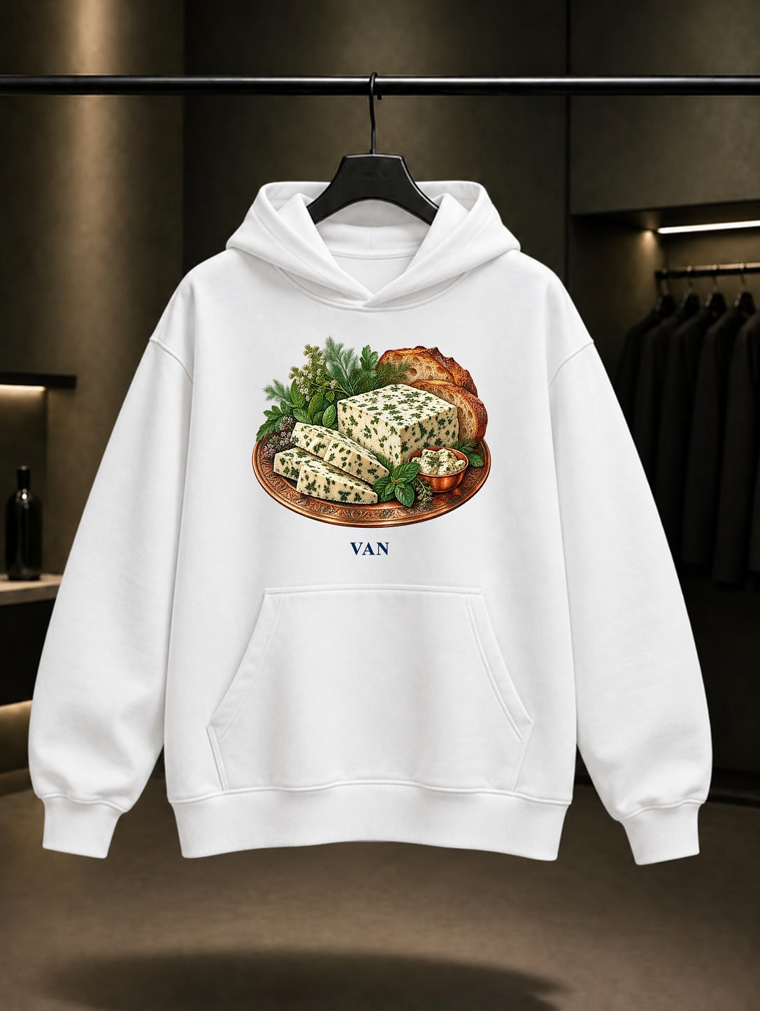 Van Otlu Peynir baskılı beyaz kapüşonlu sweatshirt