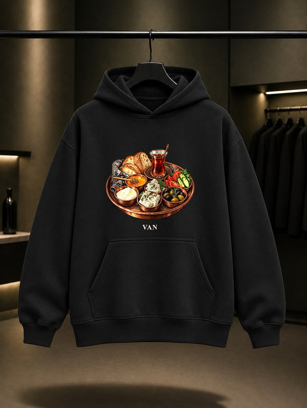 Van Kahvaltısı baskılı siyah kapüşonlu sweatshirt