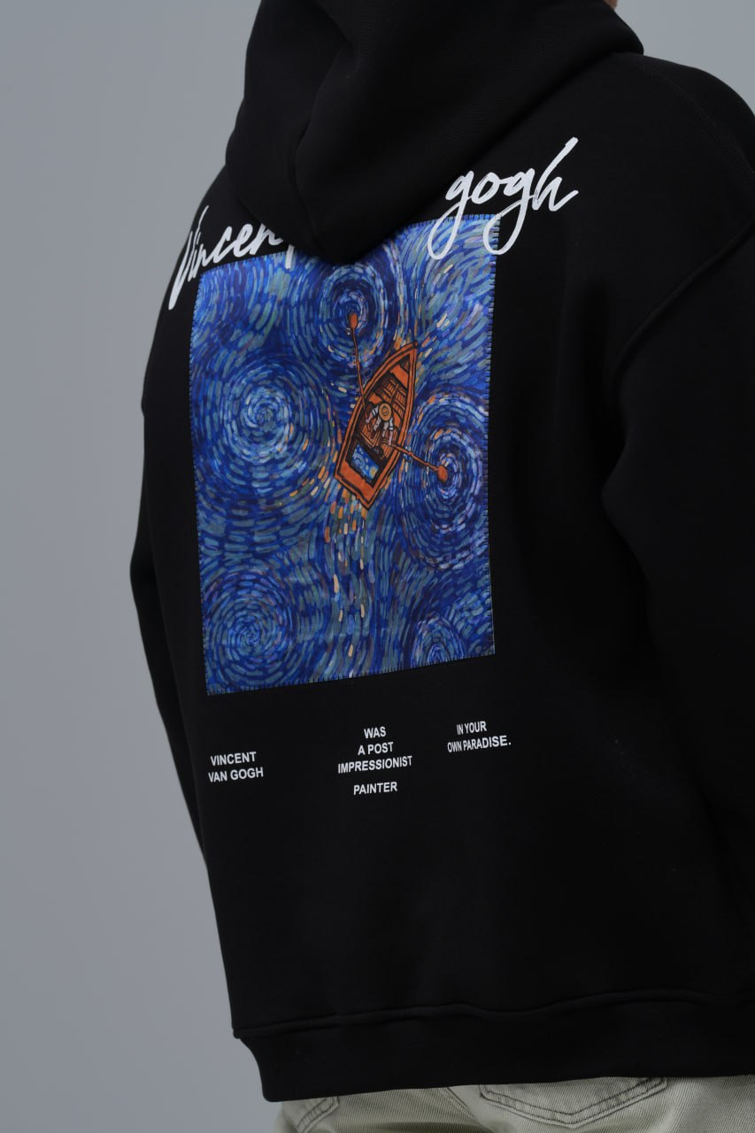 Van Gogh Yıldızlı Gece Esintili Baskılı %100 Pamuk Kapüşonlu Unisex Oversize Siyah Sweatshirt