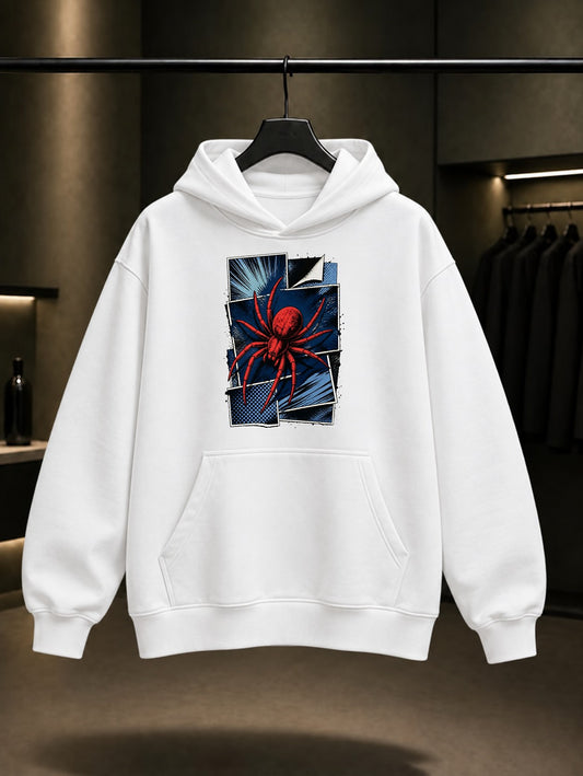Retro Çizgi Roman Örümceği baskılı beyaz kapüşonlu sweatshirt