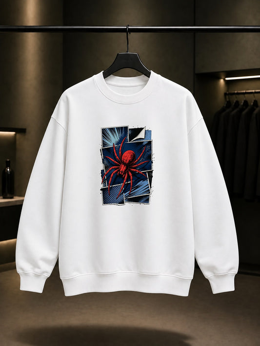 Retro Çizgi Roman Örümceği baskılı beyaz sweatshirt