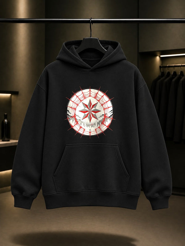Örümcek Ağı Arması baskılı siyah kapüşonlu sweatshirt