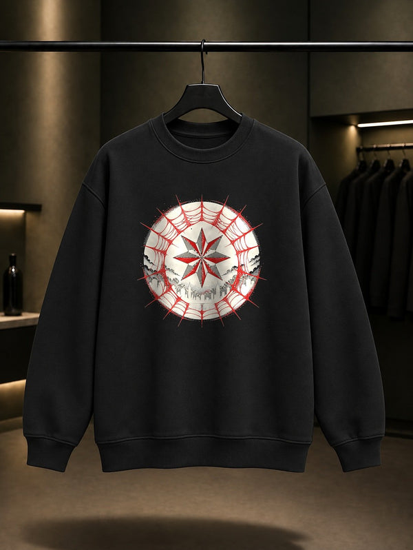 Örümcek Ağı Arması baskılı siyah sweatshirt
